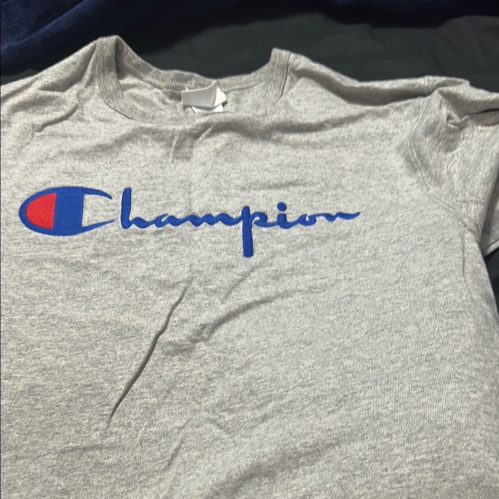Champion Heather Gray Tee with Blue and Red Logo